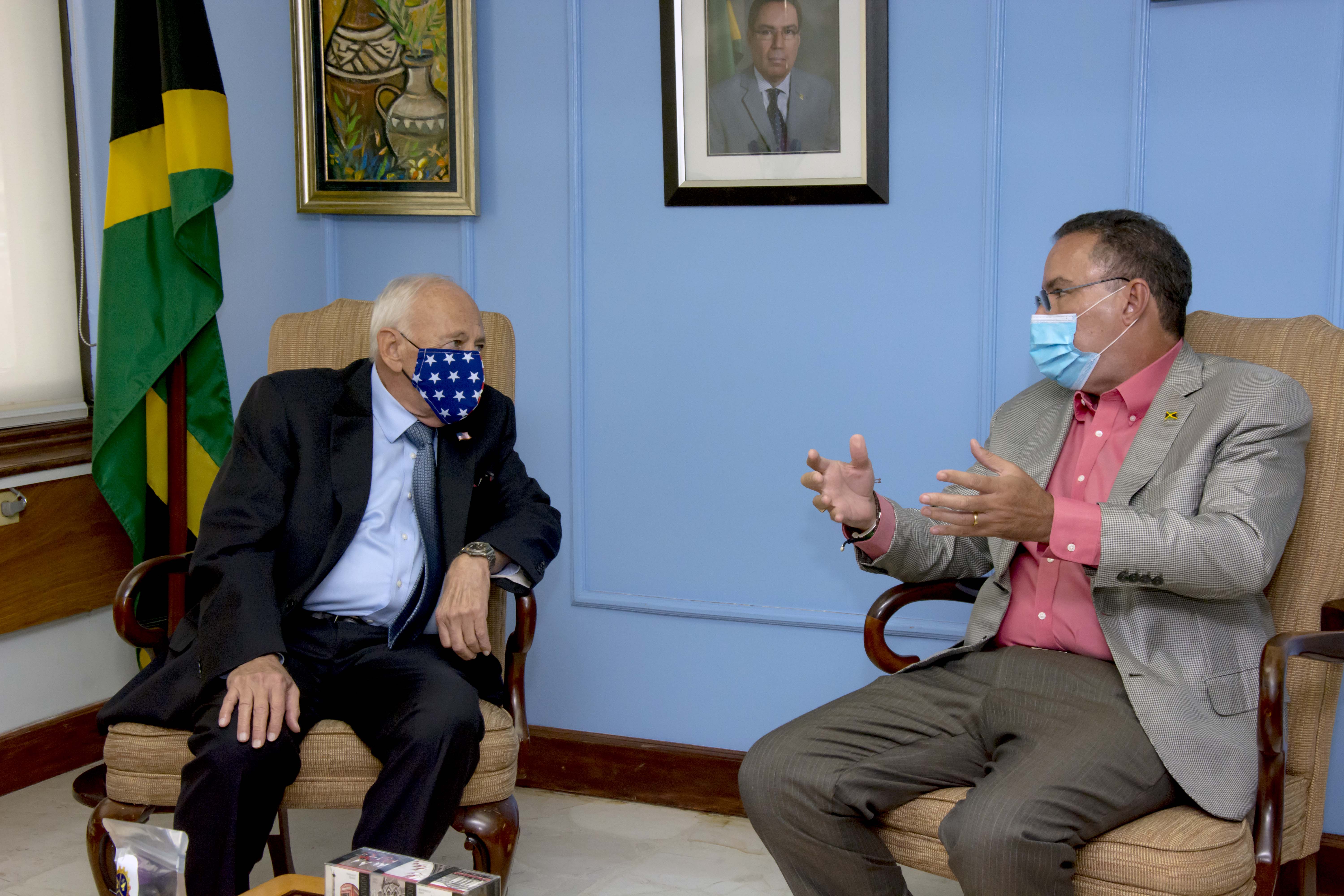 Minister of Science, Energy and Technology Hon. Daryl Vaz (right) greets United States Ambassador Donald Tapia (left) during a courtesy call on the Minister on October 7, 2020.